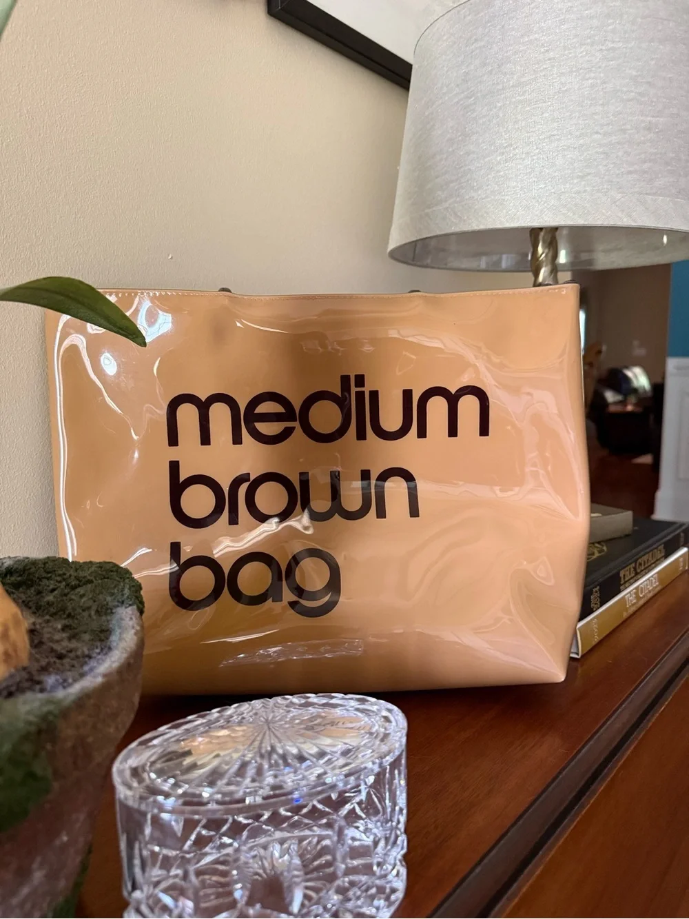 Bloomingdales Medium Brown Bag Tote PVC Reusable Shopping Bag Glossy Zip Top